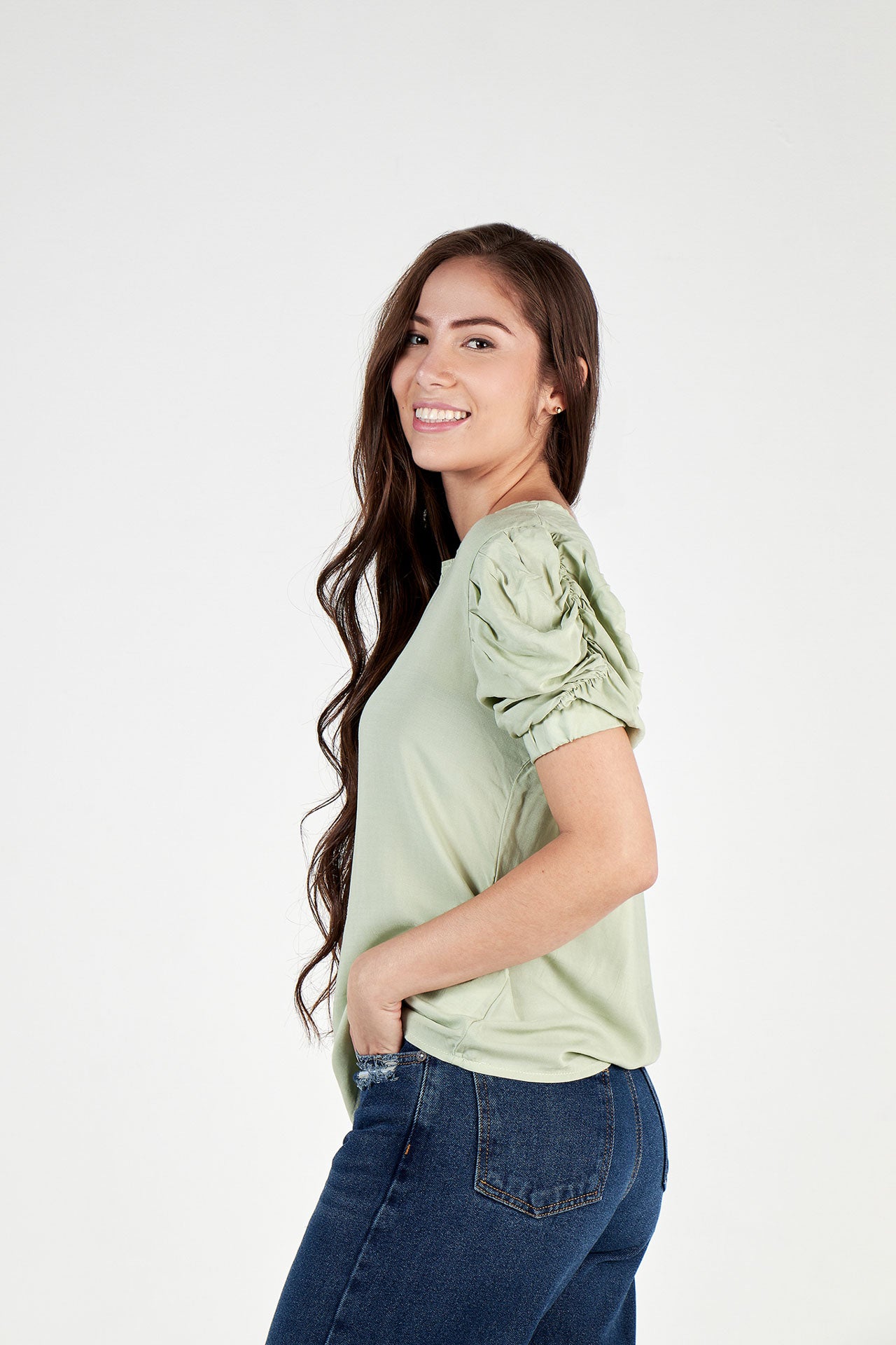 Blusa manga recogida verde HD