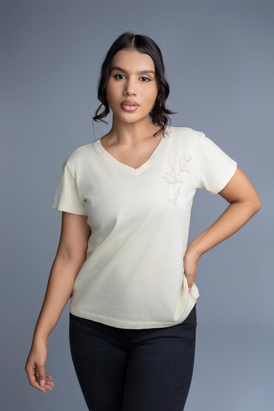 Camiseta Cuello Flor Beige